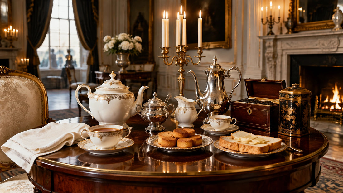Candlelit Regency-era tea and coffee service in an English country-house drawing room
