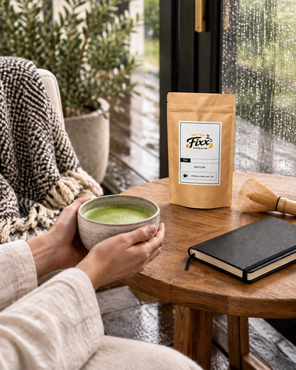 A quiet rainy morning porch with a matcha bowl, bamboo whisk, journal, woven throw, and Get Your Fixx™ kraft-brown matcha bag