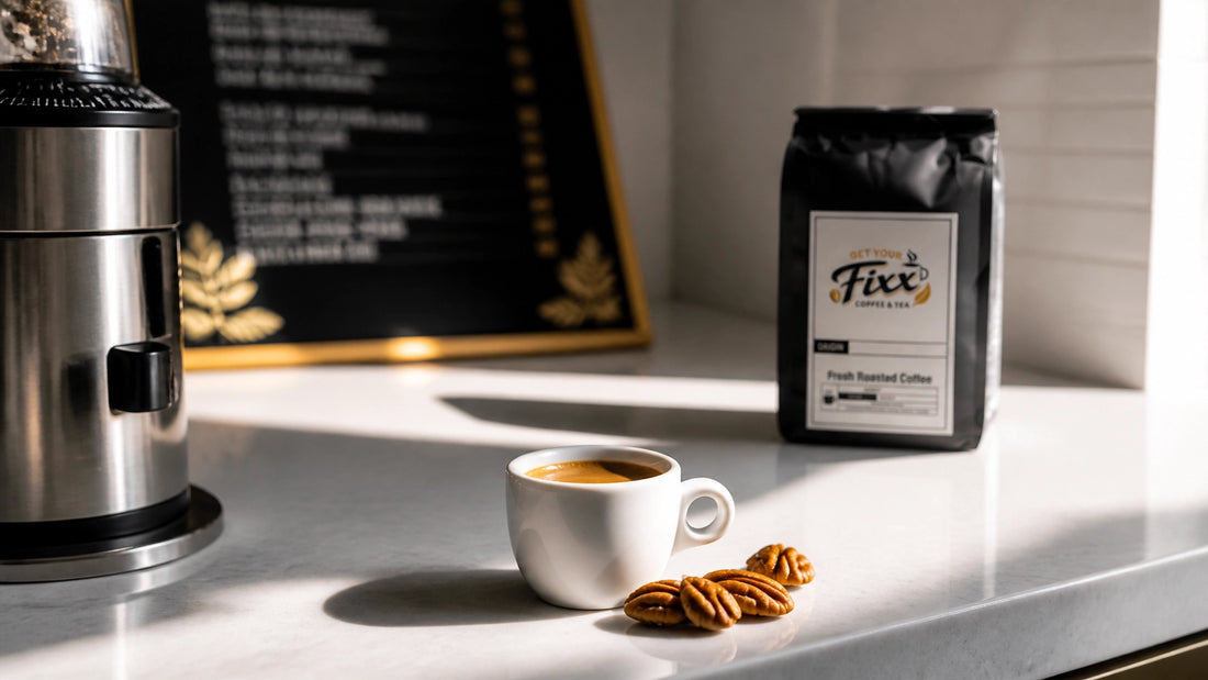 Espresso, pecans, and a Get Your Fixx™ Coffee & Tea bag on a bright fall coffee station