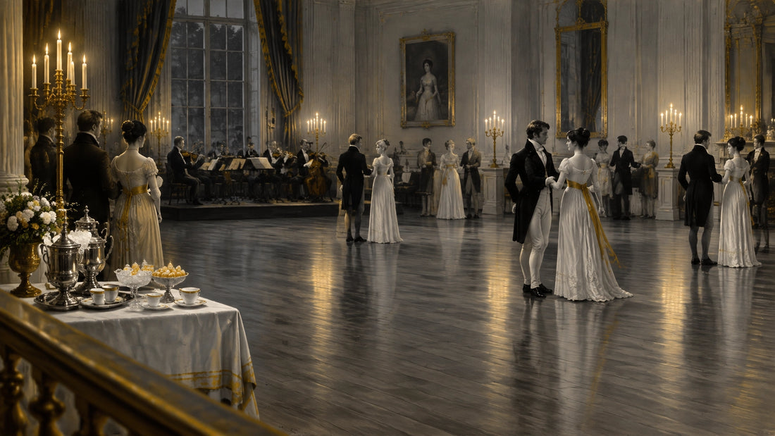 Candlelit Regency-era ballroom with musicians, polished floors, and a quiet refreshment table