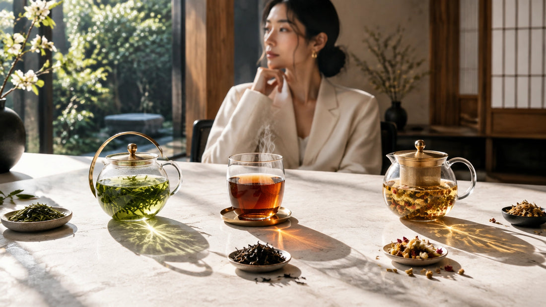 Three refined loose leaf brewing choices arranged on a bright Kyoto tea table