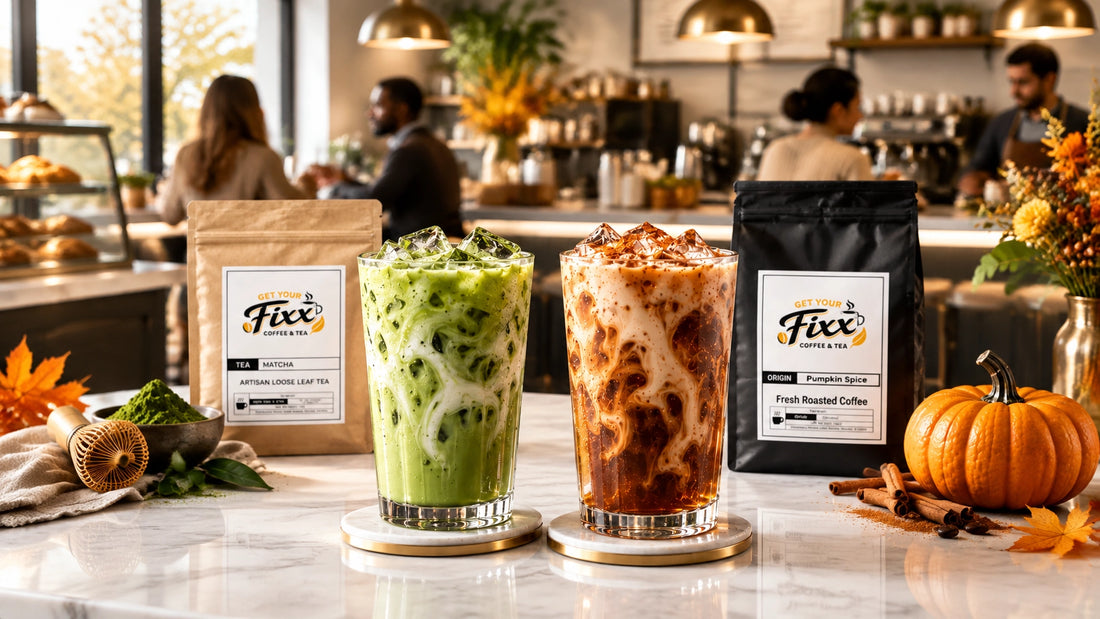 A bright editorial café counter with iced Matcha and Pumpkin Spice coffee served side by side