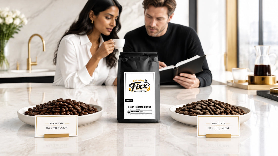 A premium coffee ritual with Get Your Fixx coffee, roast-date details, and two professionals evaluating freshness in a bright