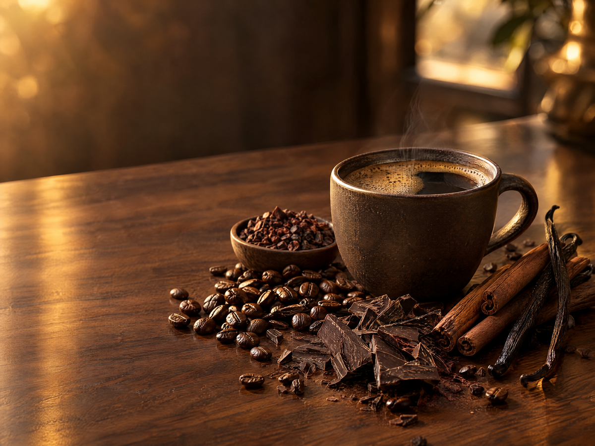 Naturally flavored coffee with cocoa and spices