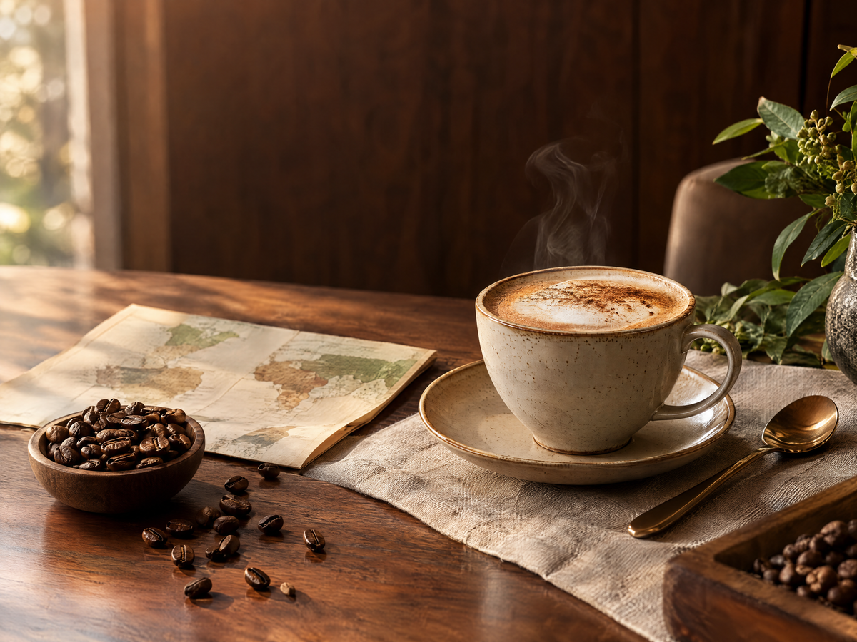 Single-origin specialty coffee beans and cup in a warm editorial setting