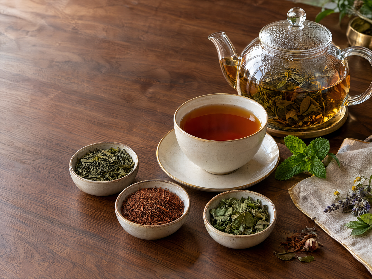 Artisan tea ritual with loose leaves, mint, and teapot