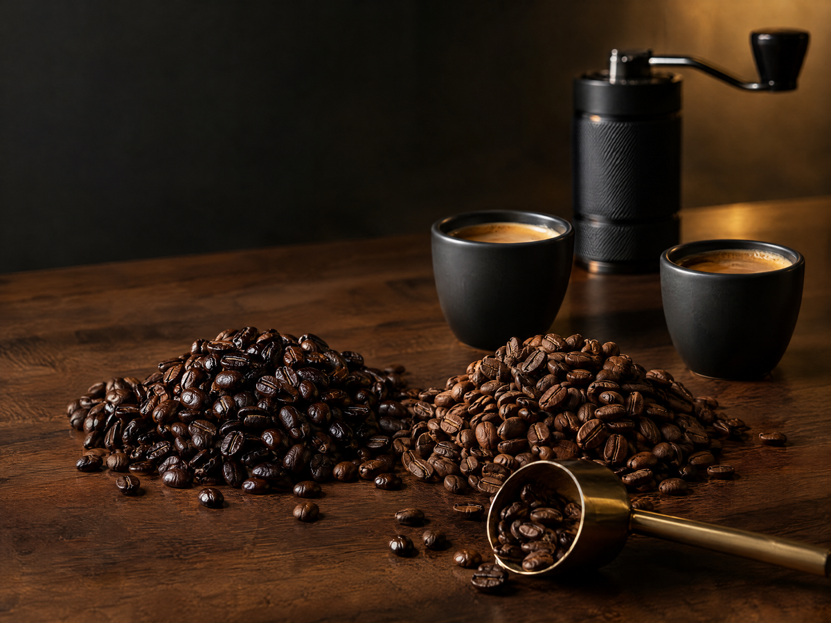Specialty coffee blends with contrasting roasted beans, black coffee cups and a brass scoop.